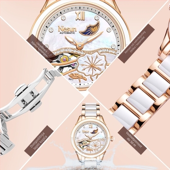 NESUN ženski potpuno automatski mehanički sat, keramičko kućište i narukvica, vodootpornost 50 m, prikaz mjesečeve faze i luminescencija, analogni brojčanik