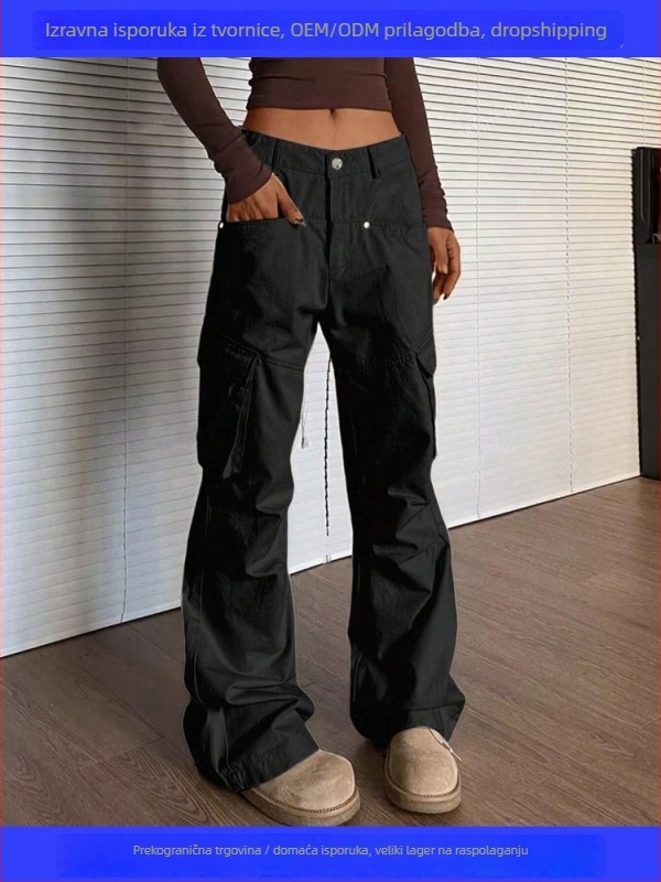 Ženske radne hlače, srednji struk, prav kroj, opuštena silueta, poliester 95%+