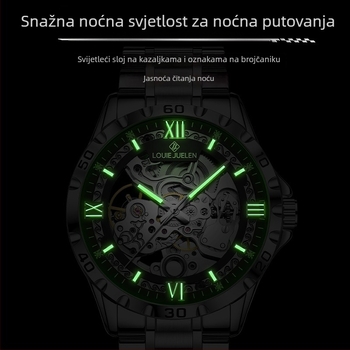 Muški skeletni mehanički sat, vodootporan do 30M, vijčana kruna, prozirna stražnja stranа, remen od nehrđajućeg čelika s leptir kopčom