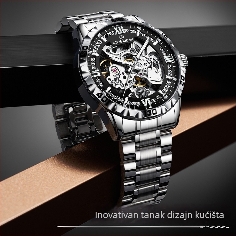 Muški skeletni mehanički sat, vodootporan do 30M, vijčana kruna, prozirna stražnja stranа, remen od nehrđajućeg čelika s leptir kopčom