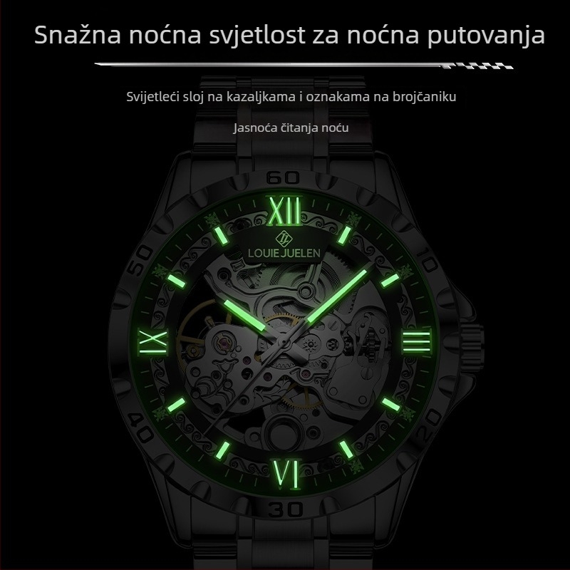 Muški skeletni mehanički sat, vodootporan do 30M, vijčana kruna, prozirna stražnja stranа, remen od nehrđajućeg čelika s leptir kopčom