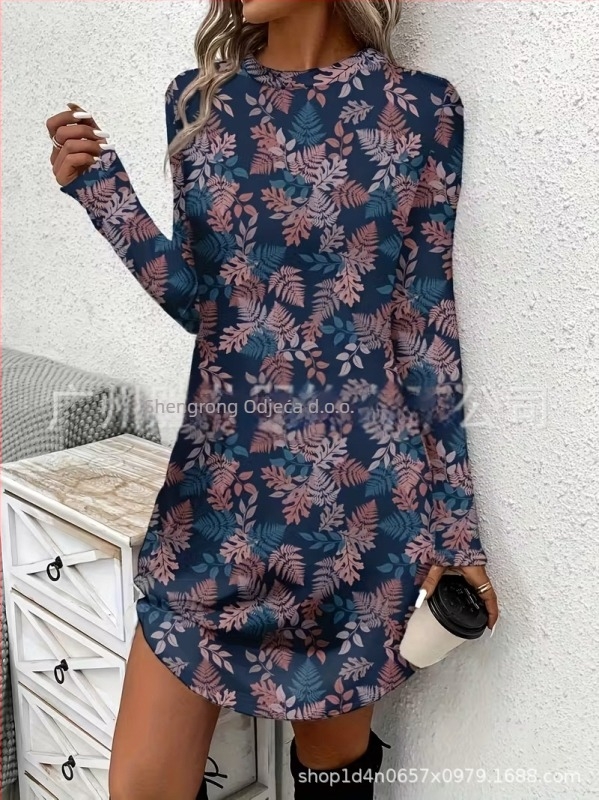 Ženska haljina s dugim rukavima, A-linijski kroj, kratka suknja, poliester, botanički cvjetni uzorak