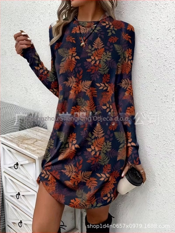 Ženska haljina s dugim rukavima, A-linijski kroj, kratka suknja, poliester, botanički cvjetni uzorak