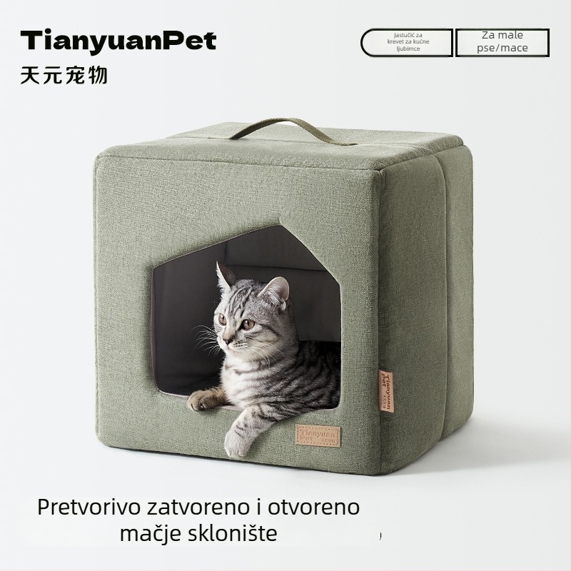 Kvadratično gnijezdo za mačke, svesezonska poluzatvorena kućica, od tkanine