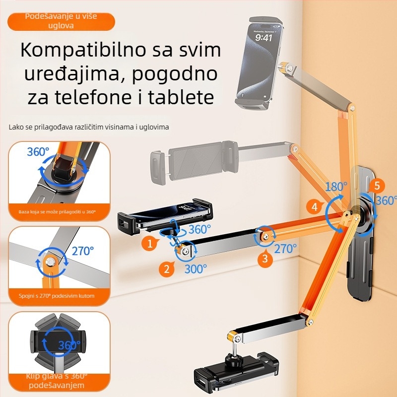 Zidni držač za telefon s 360° rotacijom, bez bušenja, materijal: karbonska čelika + ABS, univerzalni stil