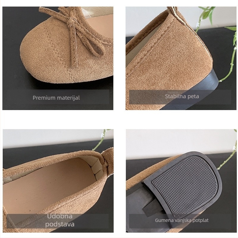Ženske semiš balerinke s mašnicom, okrugli vrh, niski ravni pet, zatvaranje jednim remenom