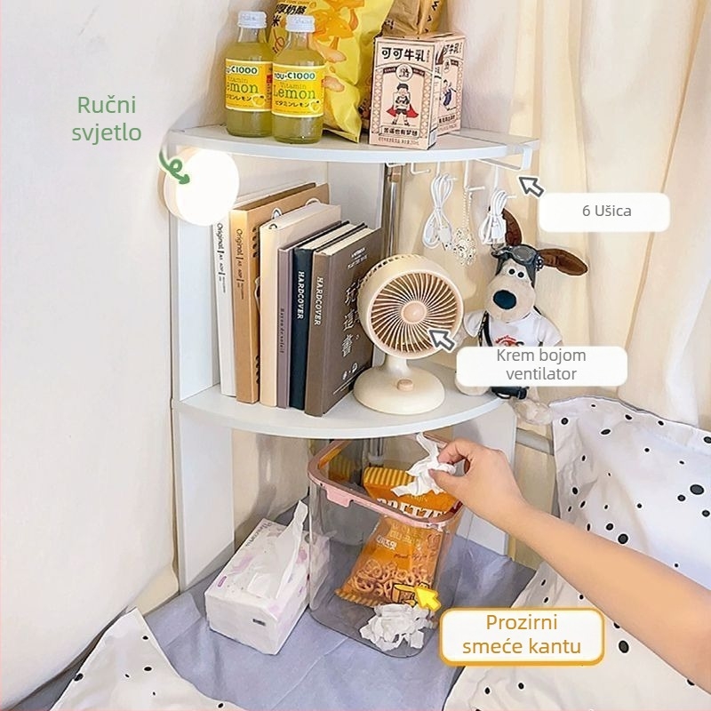 Krevetni kutni polic s 6 slojeva i noćnim ormarićem – kutna knjižnica uz krevet, nordijski stil, umjetna ploča