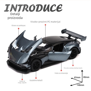 Aluminijski 1:32 model trkaćeg automobila s bljeskom i zvukom, baterijsko napajanje