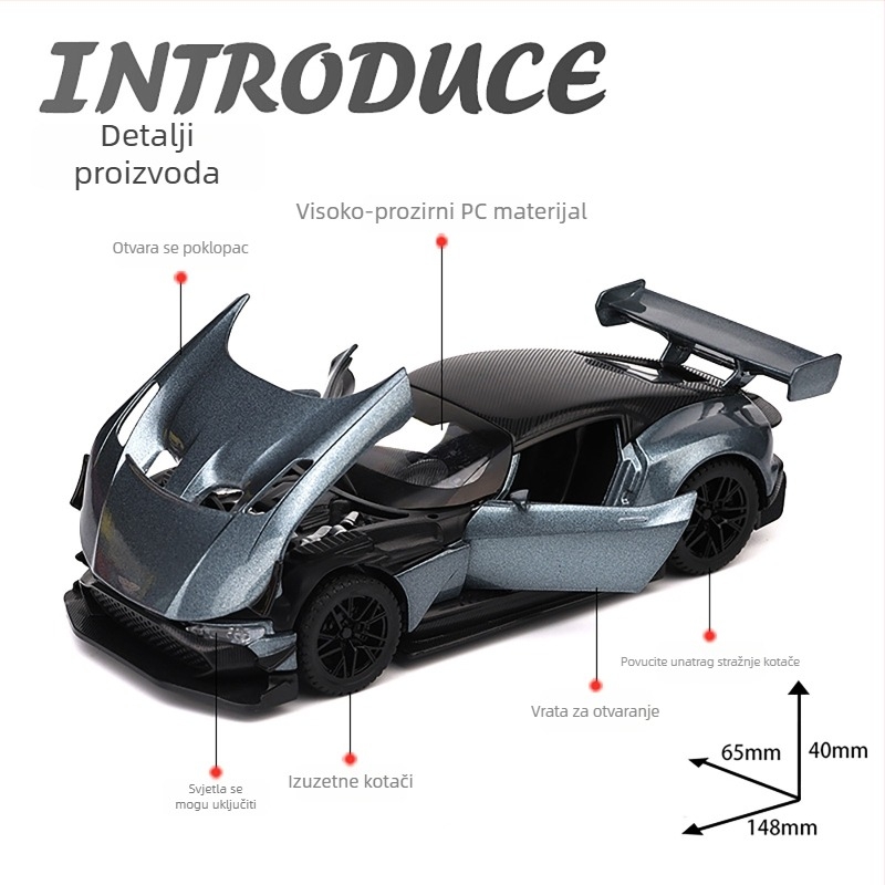 Aluminijski 1:32 model trkaćeg automobila s bljeskom i zvukom, baterijsko napajanje