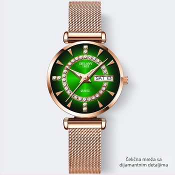 Ženski sat s Milansko mrežastim kaišem, kvarcni mehanizam, svijetleći brojčanik, kalendar i prikaz tjedna, vodootpornost 10 m.