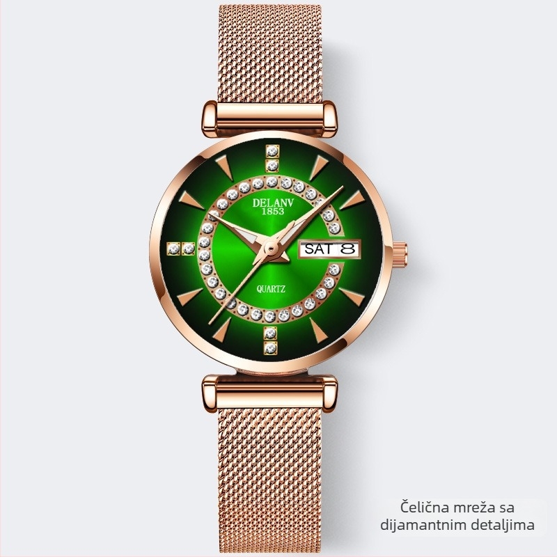 Ženski sat s Milansko mrežastim kaišem, kvarcni mehanizam, svijetleći brojčanik, kalendar i prikaz tjedna, vodootpornost 10 m.