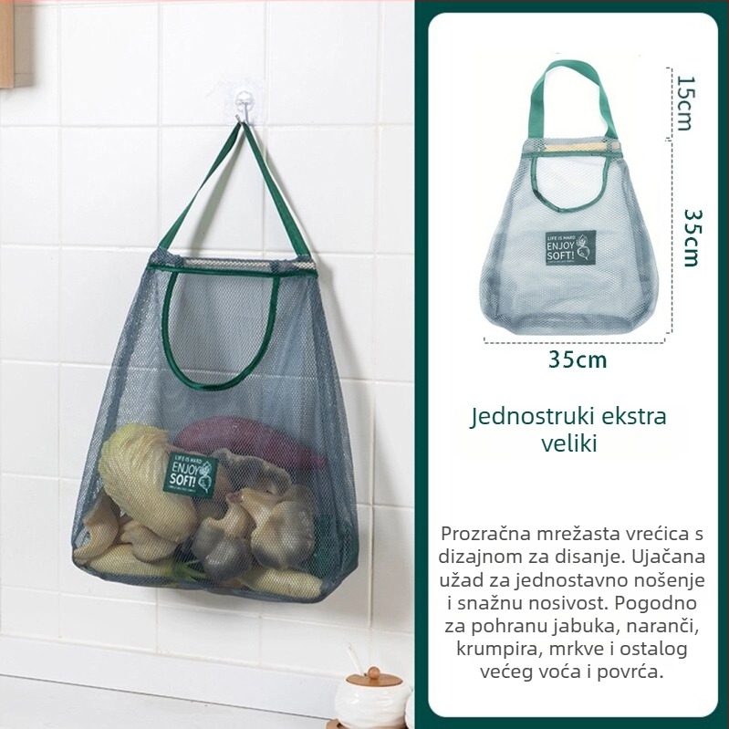 Kuhinjska viseća vrećica za voće i povrće s spremnikom za češnjak i đumbir, prozračna mrežasta poliester vrećica, za zidni ugradnju