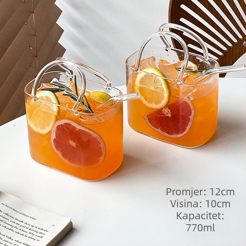 Staklena čaša za piće sa slamkom, ledeni uzorak, prenosna, kvadratni oblik