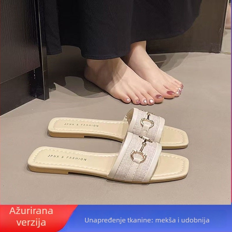 Ženske sandale s ravnom potplatom i jednim remenom, gornji PU, gumena potplata, lagane i protuklizne, proljeće 2024.