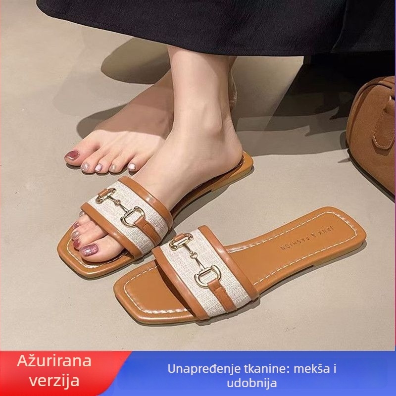 Ženske sandale s ravnom potplatom i jednim remenom, gornji PU, gumena potplata, lagane i protuklizne, proljeće 2024.