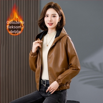 Kožna jakna s kapuljom, zatvarač, ovčja koža, gradski stil, ultra kratka duljina