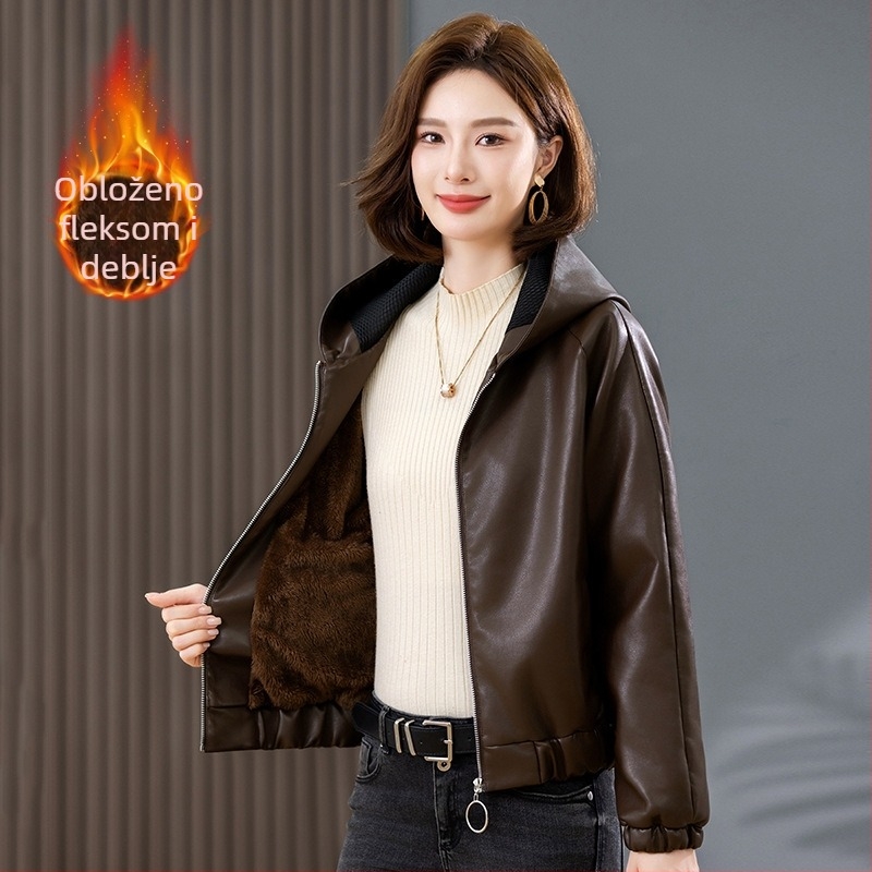 Kožna jakna s kapuljom, zatvarač, ovčja koža, gradski stil, ultra kratka duljina