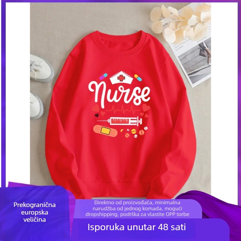 Ženska mikina s grafičkim motivom medicinske sestre, poliester tkanina, dugi rukavi, regularni kroj, okrugli izrez, umjetnički vintage stil, proljeće 2025
