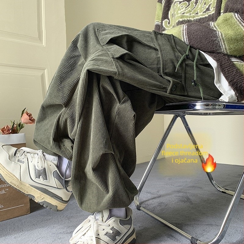 Muške hlače od corduroya za radnu upotrebu, fleece podstava, opuštenog ravnog kroja, dvostruka struka, kopčanje vezicama