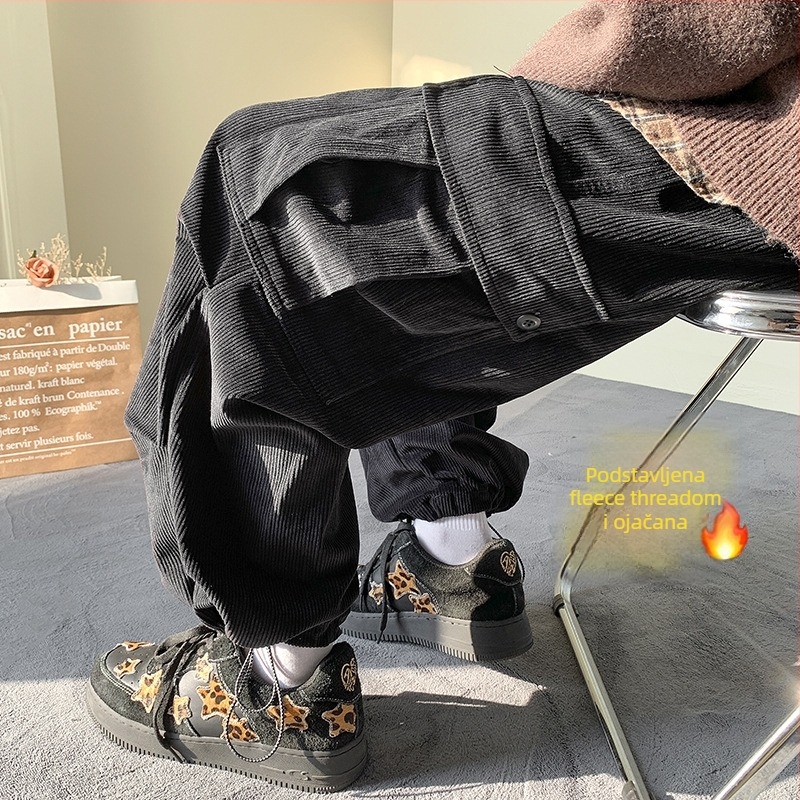 Muške hlače od corduroya za radnu upotrebu, fleece podstava, opuštenog ravnog kroja, dvostruka struka, kopčanje vezicama