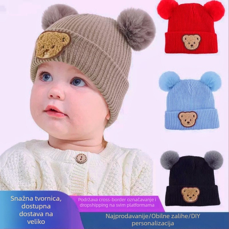 Dječja zimska pletena kapa s otiskom medvjeda, s ušima, kupolasta kruna, bez rubnika, poliester