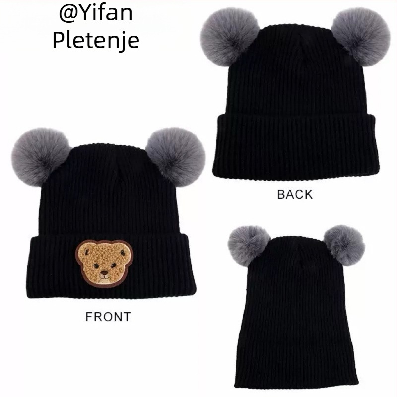 Dječja zimska pletena kapa s otiskom medvjeda, s ušima, kupolasta kruna, bez rubnika, poliester
