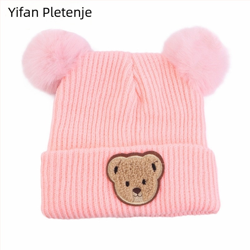 Dječja zimska pletena kapa s otiskom medvjeda, s ušima, kupolasta kruna, bez rubnika, poliester
