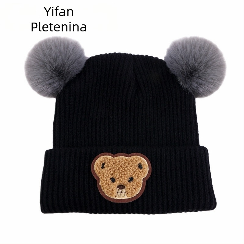 Dječja zimska pletena kapa s otiskom medvjeda, s ušima, kupolasta kruna, bez rubnika, poliester