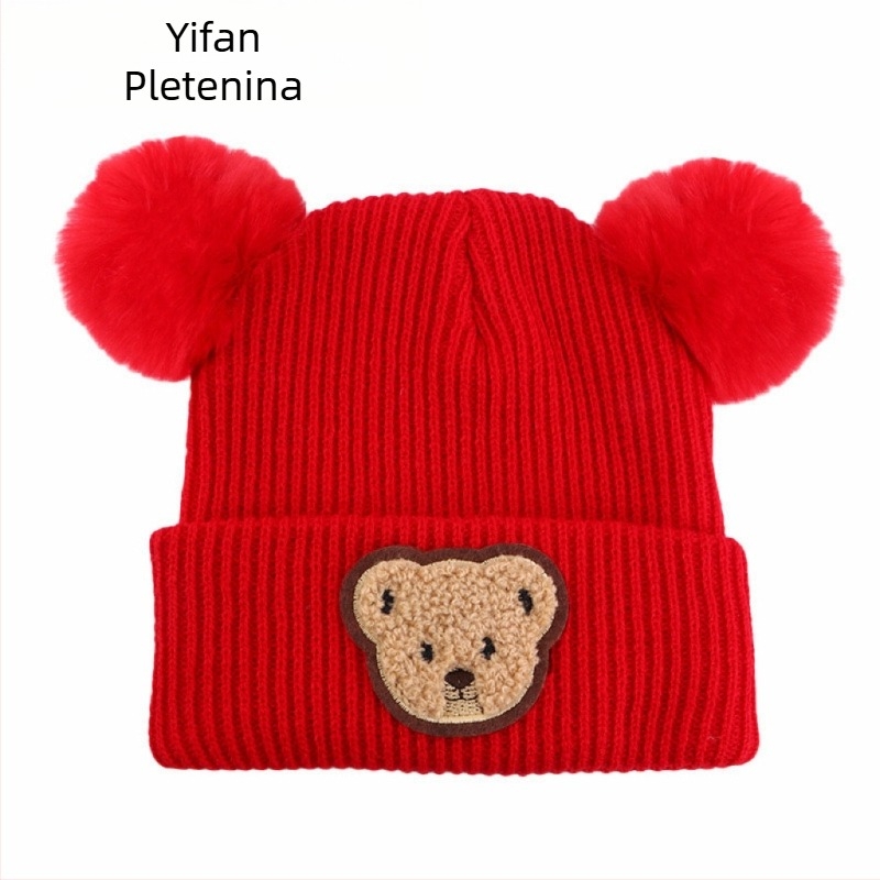Dječja zimska pletena kapa s otiskom medvjeda, s ušima, kupolasta kruna, bez rubnika, poliester