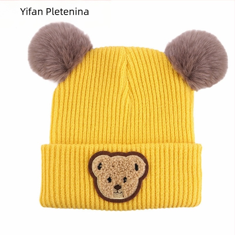 Dječja zimska pletena kapa s otiskom medvjeda, s ušima, kupolasta kruna, bez rubnika, poliester