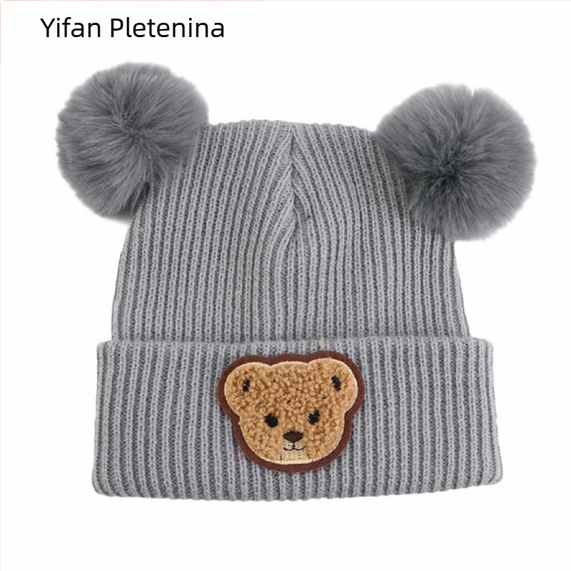 Dječja zimska pletena kapa s otiskom medvjeda, s ušima, kupolasta kruna, bez rubnika, poliester