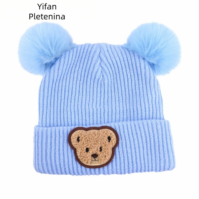 Dječja zimska pletena kapa s otiskom medvjeda, s ušima, kupolasta kruna, bez rubnika, poliester