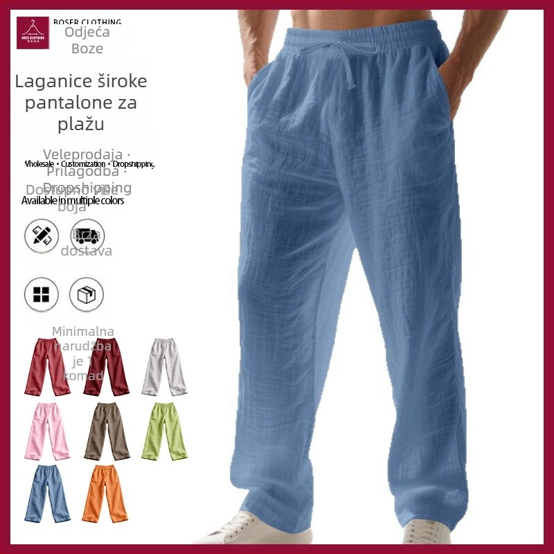 Muške casual duge hlače ravnog kroja, srednji pojas, vezanje špage, 95% lan, jednofarbni uzorak