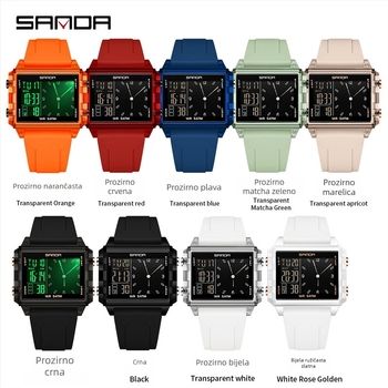 Sanda digitalni školski sat — pravokutni brojčanik, plastično kućište, silikonska narukvica, vodootpornost 50m, elektronički mehanizam