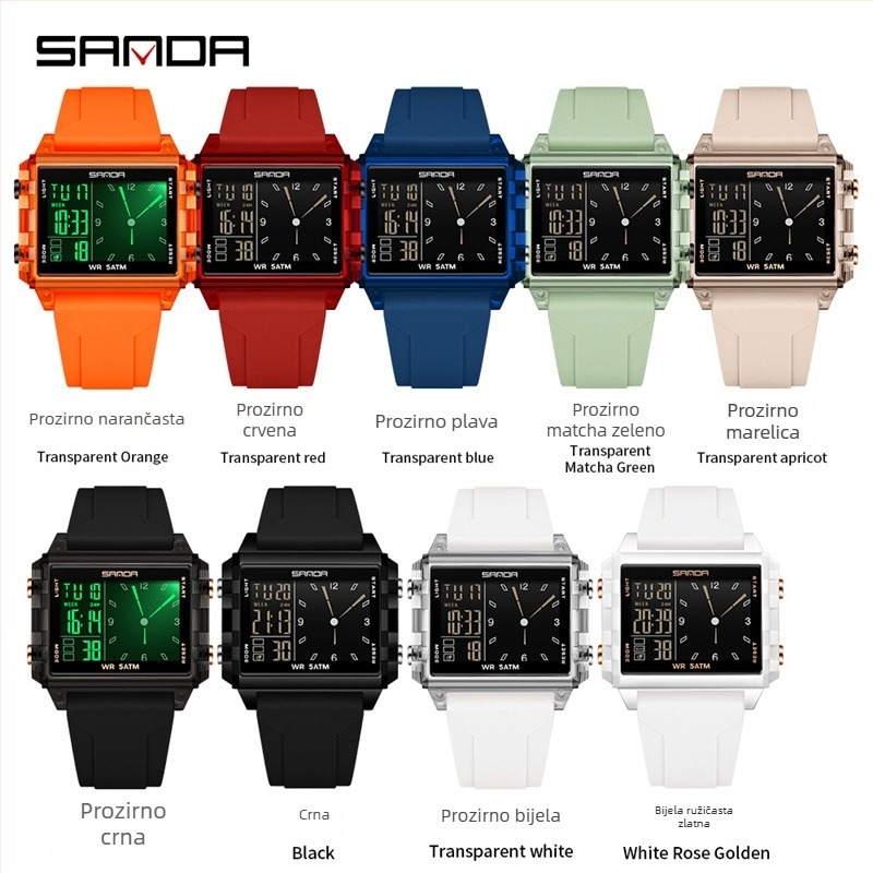 Sanda digitalni školski sat — pravokutni brojčanik, plastično kućište, silikonska narukvica, vodootpornost 50m, elektronički mehanizam