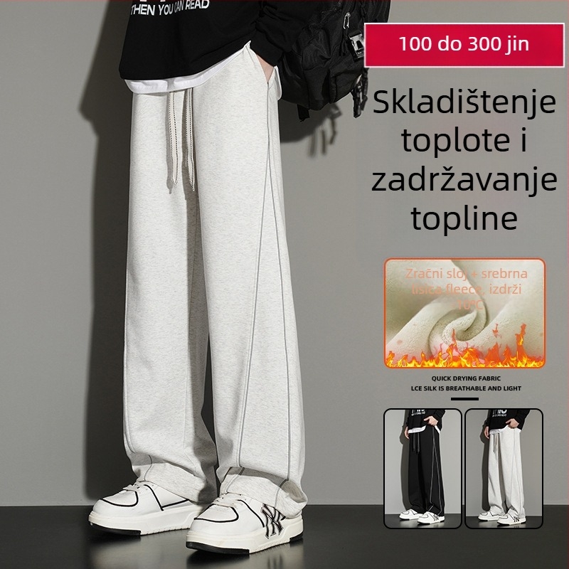 Casual široke hlače s flis podstavom, srednje visine struka, bez pojasa, za jesen