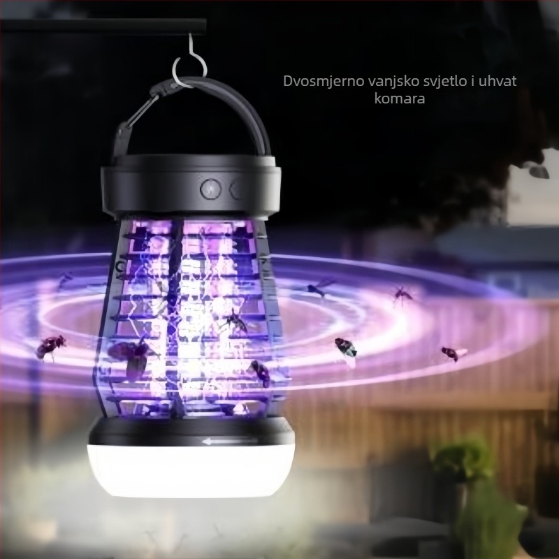 Vanjska lampa za ubijanje komaraca, model J10, električni šok, Punjiva Li-ion baterija 1500 mAh, LED zamka, domet 21–30 m², ABS materijal
