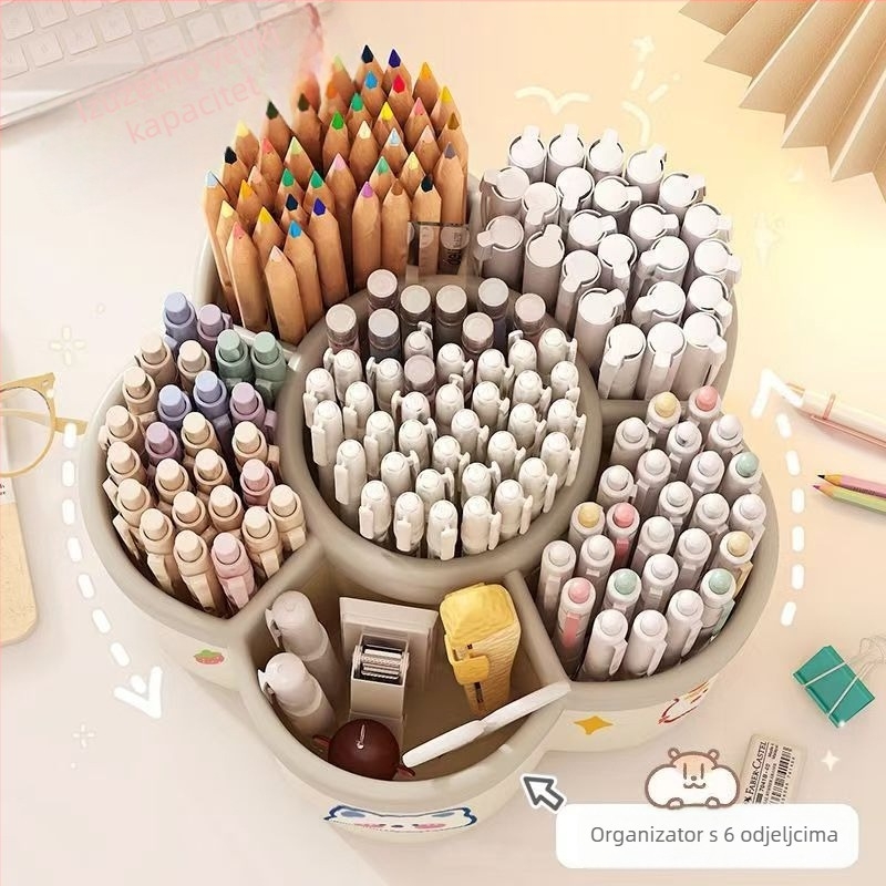 Stolni organizator s 360° rotacijom, višestruki pretinci, velika kapaciteta, držač olovaka za školski stol, PP materijal, mogućnost logotipa
