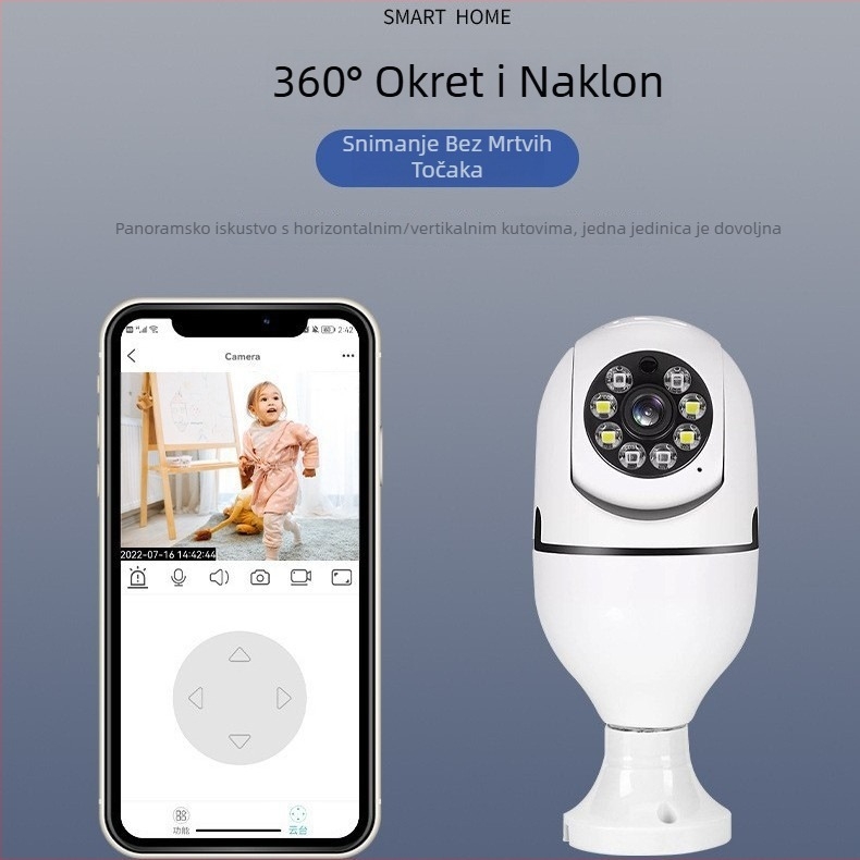 Kamera lampice 360° WiFi, unutarnja upotreba, 1080p, 3.6 mm širokokutni objektiv, 1 kamera, detekcija alarma, podrška mobilnoj aplikaciji