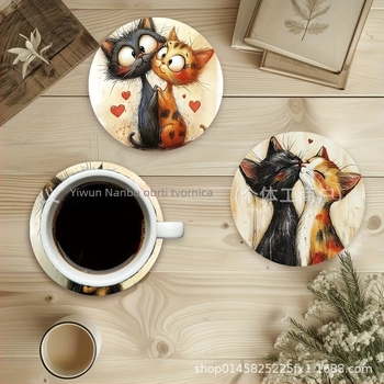 Set od 6 drvenih podmetača za čaše s dizajnom mačaka – Namboon, moderni minimalistički stil