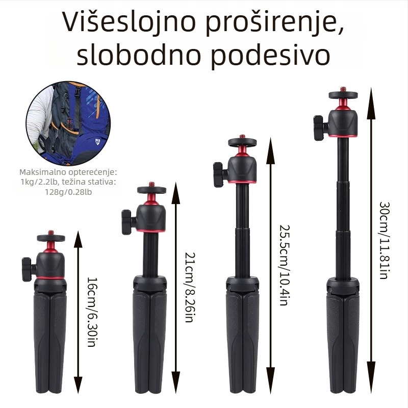 Stolni mini stativ za video snimanje, prijenosni, s produžnom šipkom, od plastike