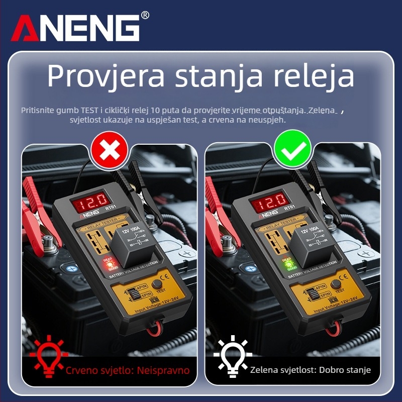 ANENG RT01 Detektor automobinskih releja s digitalnim testerom baterije, univerzalni 12V/24V, analizator releja s četiri i pet pinova