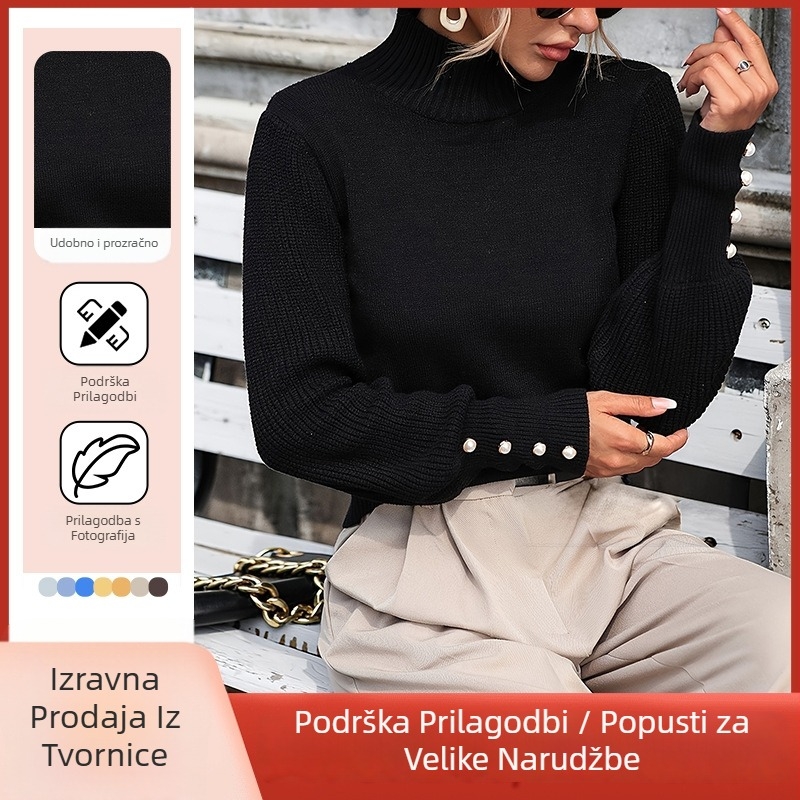 Džemper — Pleteni stil, Okrugli izrez, Dugi rukavi, Uobičajena dužina, Core-spun Yarn tkanina