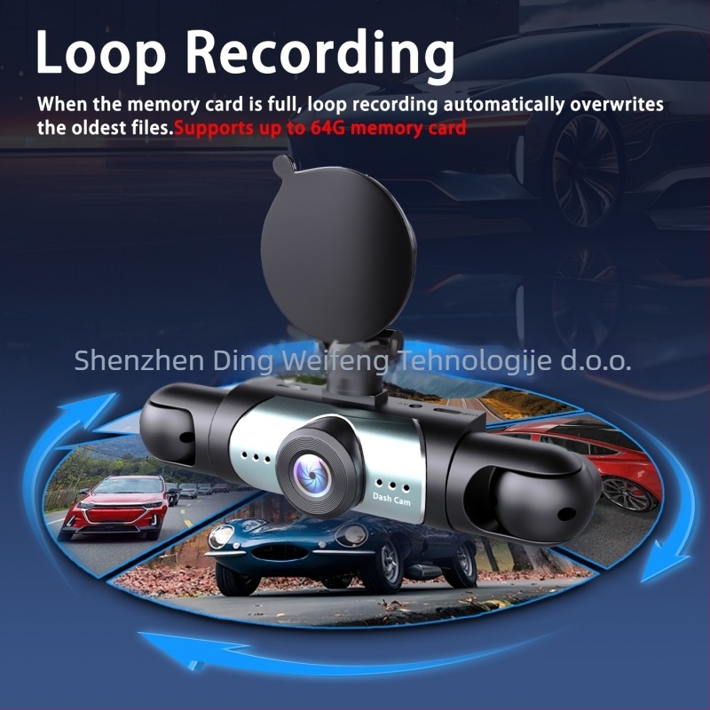 Četverokanaalni auto dash cam 1080p: prednja, lijeva, desna i stražnja kamera, povratna slika, 16 GB memorije