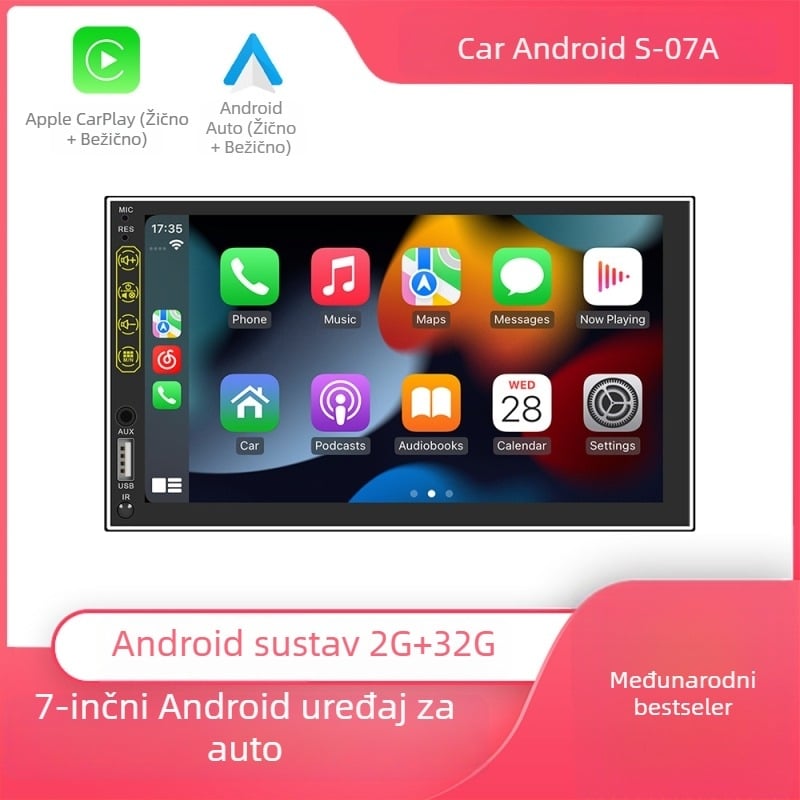 7-inčni Android auto navigacija all-in-one s Bluetooth glazbom, GPS navigacijom i stražnjom kamerom; napajanje 12–24V DC, 60W, TFT zaslon, univerzalna kompatibilnost