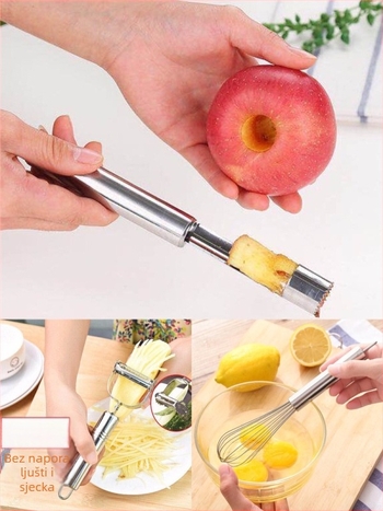 Tro-dijelni set kuhinjskih alata od nehrđajućeg čelika: mućkalica za jaja, dvostrani rend s osmijehom, izdvojivač sjemenki voća