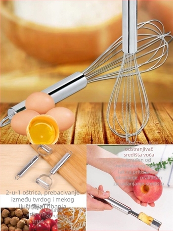 Tro-dijelni set kuhinjskih alata od nehrđajućeg čelika: mućkalica za jaja, dvostrani rend s osmijehom, izdvojivač sjemenki voća