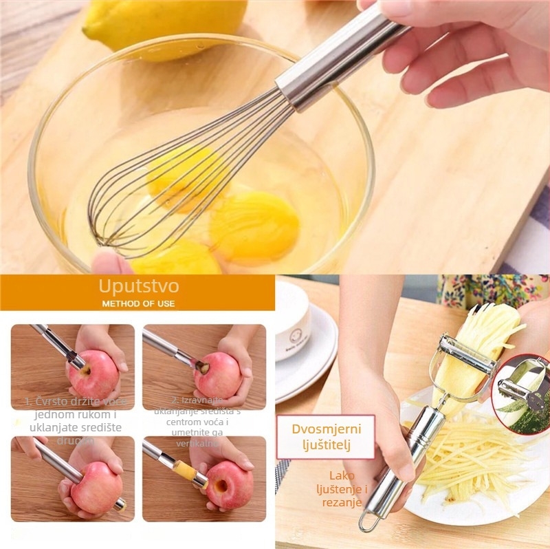 Tro-dijelni set kuhinjskih alata od nehrđajućeg čelika: mućkalica za jaja, dvostrani rend s osmijehom, izdvojivač sjemenki voća