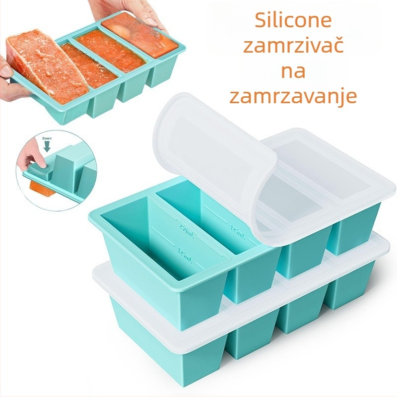 Silikonska posuda za led s poklopcem, 4 odjeljka, 80 ml po odjeljku, brzo zamrzavanje, prilagodljiv oblik