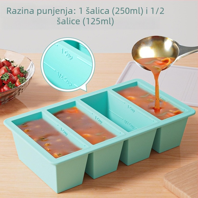 Silikonska posuda za led s poklopcem, 4 odjeljka, 80 ml po odjeljku, brzo zamrzavanje, prilagodljiv oblik